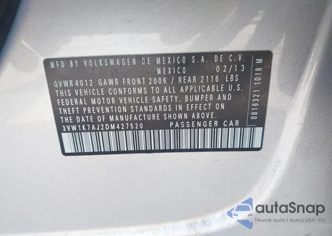 2013 Volkswagen Jetta 2.0L S z USA, uszkodzony, nr VIN 3VW1K7AJ2DM427520